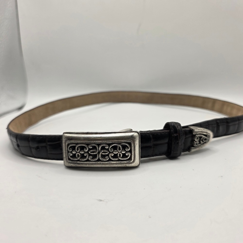 Brighton Womens Dark Brown Croc Embossed Leather Belt Silver Scroll Buckle SM